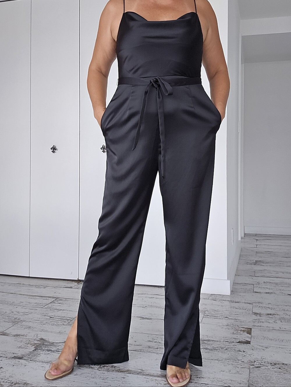 H&M Black Satin Jumpsuit Cowl Neck Wide Leg Sz M